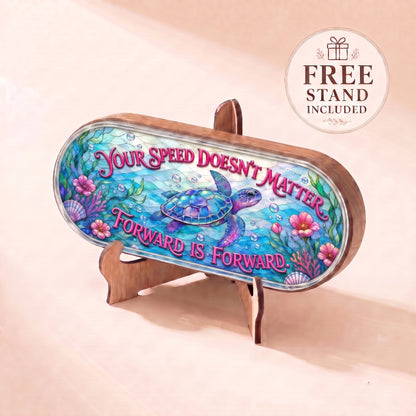 Sea turtle stained-glass Pillcase lid displayed on included wooden stand