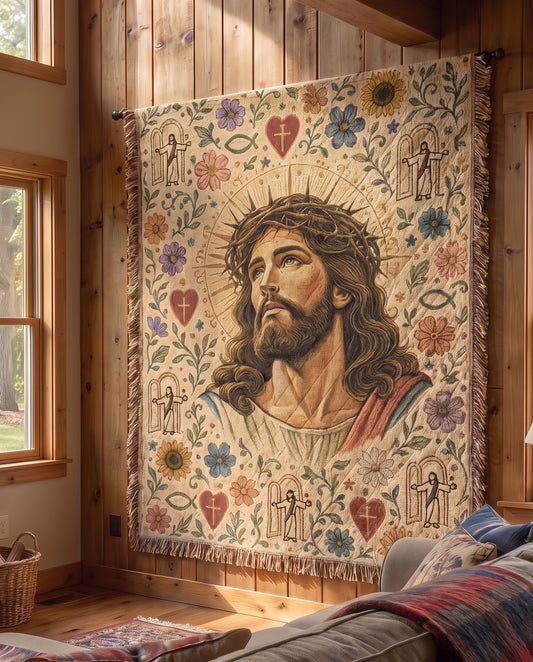Crowned in Grace - Floral Jesus Woven Blanket