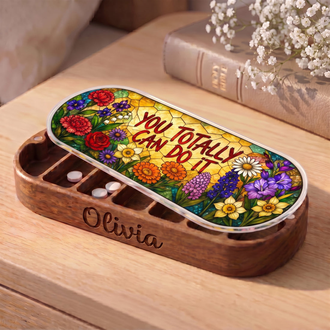 Personalized Olivia Pillcase with colorful encouragement garden and You Totally Can Do It lid