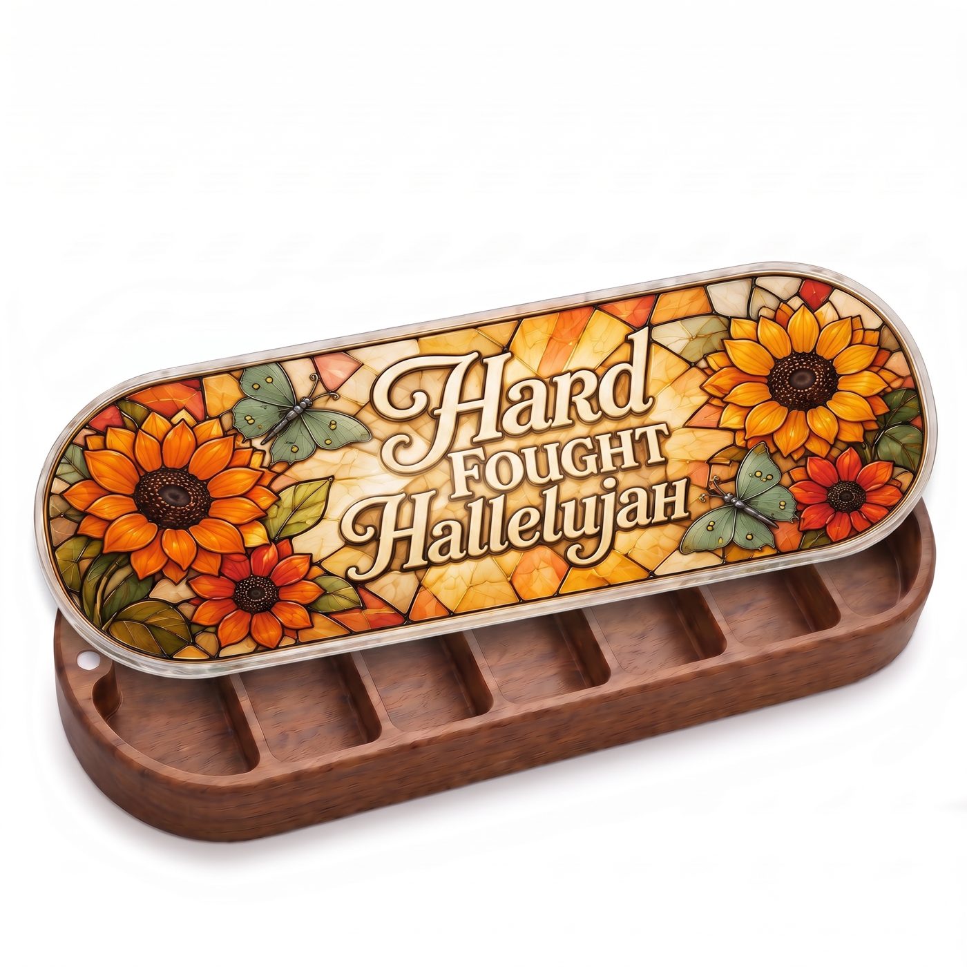 "Hard Fought Hallelujah — Sunflower & Butterfly Stained Glass" Pill Case — open natural-wood Pill Case on white studio background