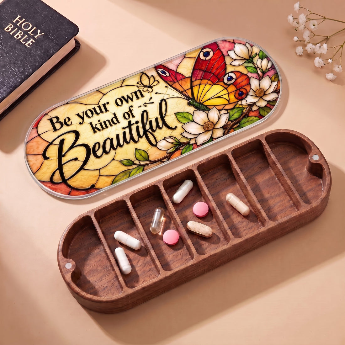 Be Your Own Kind of Beautiful butterfly and magnolia Pillcase with Holy Bible and daily tablets