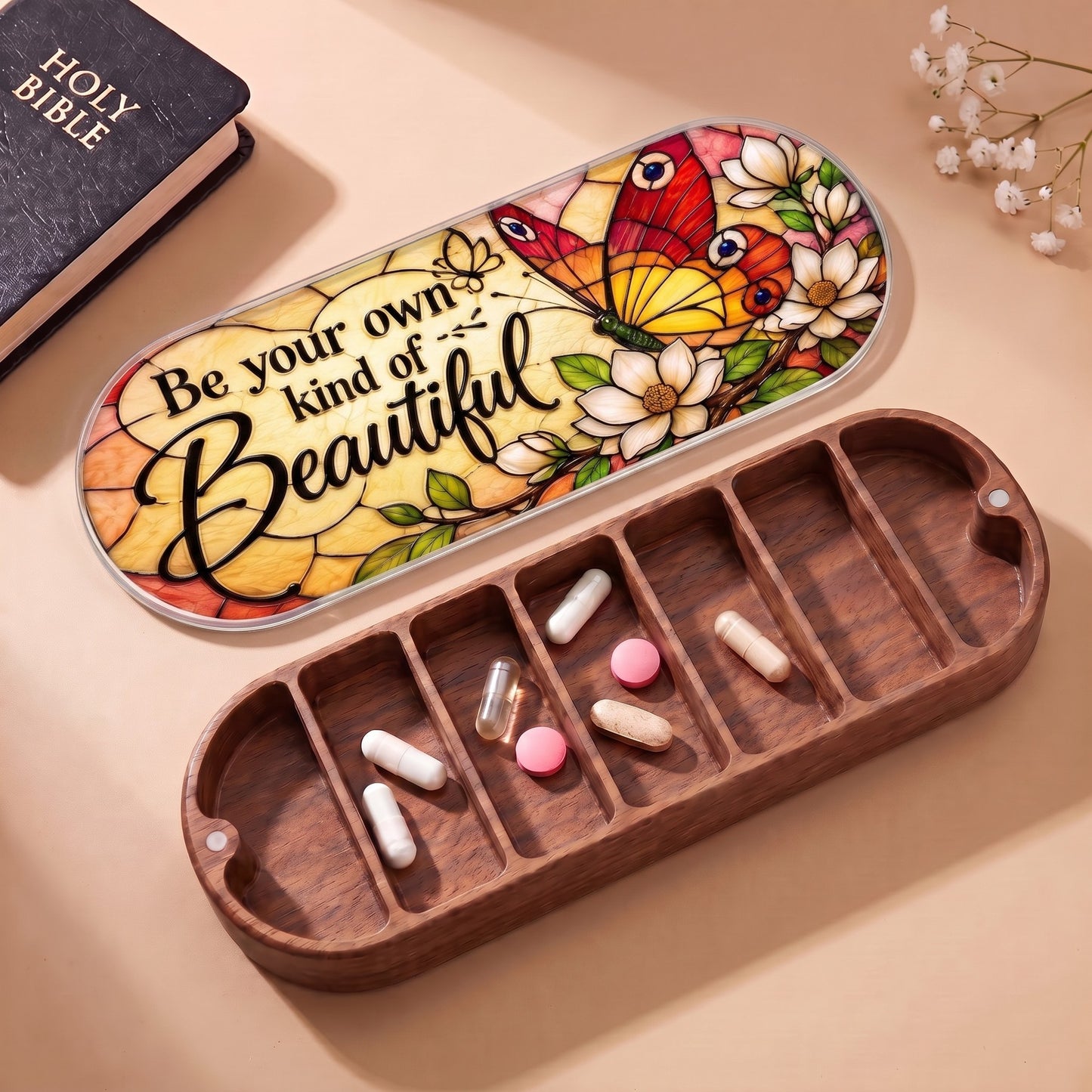 Be Your Own Kind of Beautiful butterfly and magnolia Pillcase with Holy Bible and daily tablets