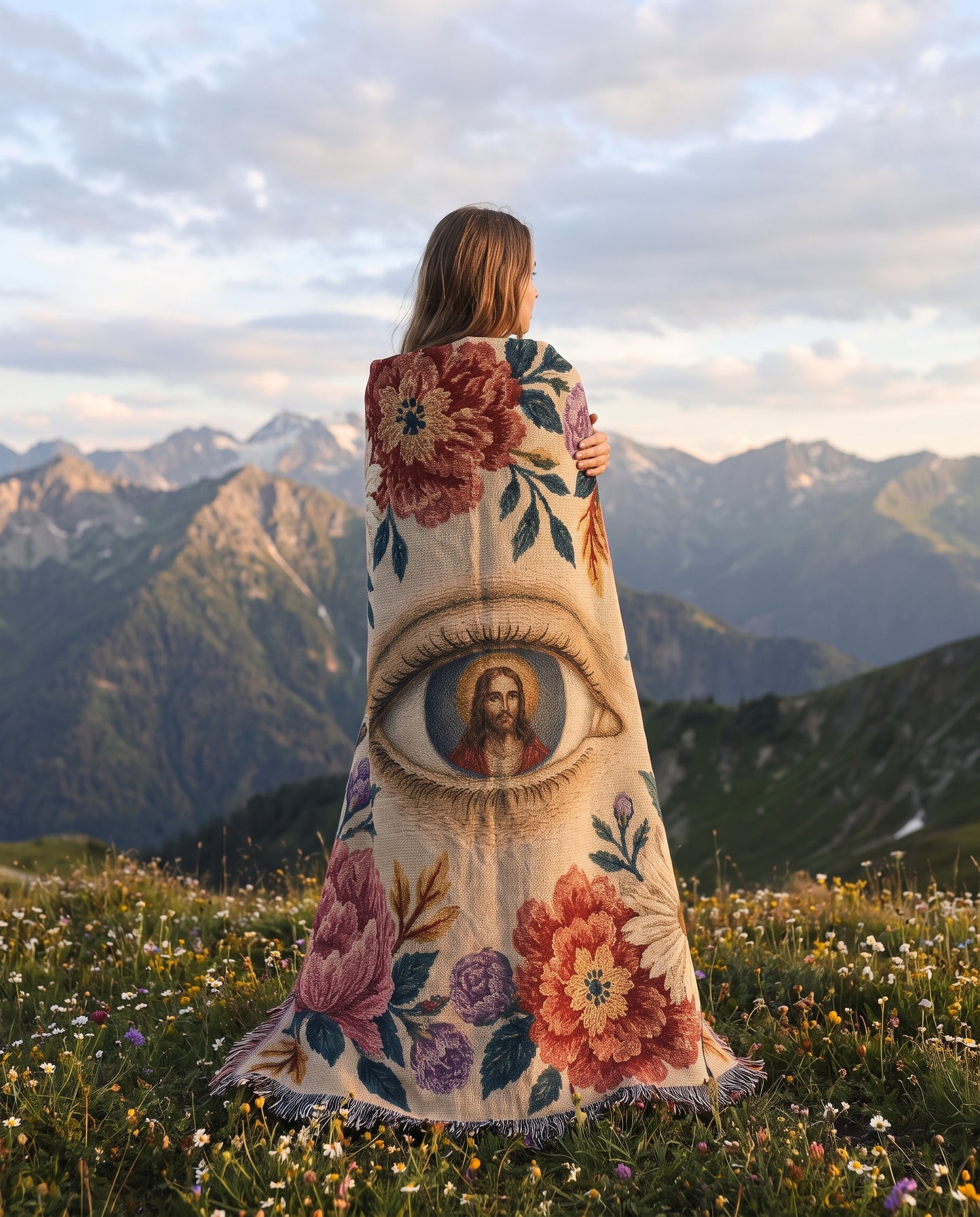 Sacred Eye of Christ Floral Woven Blanket mockup 4