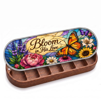 Open wooden Pillcase with Bloom in His Love monarch butterfly floral stained-glass lid on white
