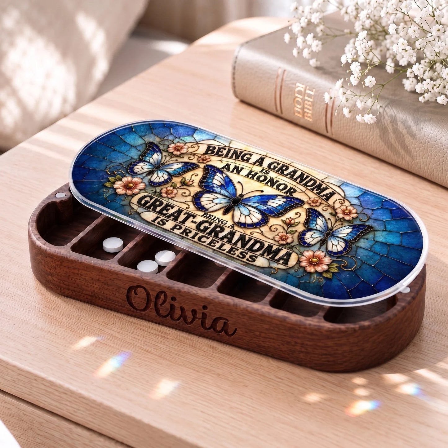 Personalized Olivia Pillcase with blue butterflies and Great-Grandma Is Priceless artwork beside a Holy Bible