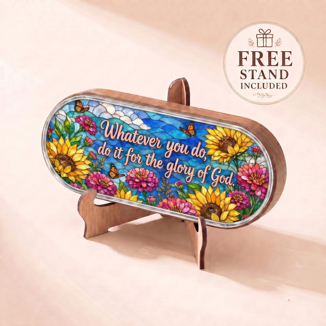 Whatever You Do for the Glory of God sunflower and monarch Pillcase lid displayed on included wooden stand