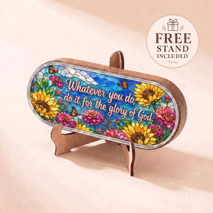 Whatever You Do for the Glory of God sunflower and monarch Pillcase lid displayed on included wooden stand