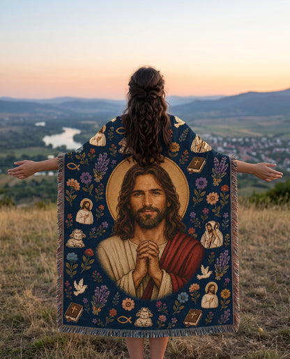 Praying Jesus - Good Shepherd Garden Woven Blanket