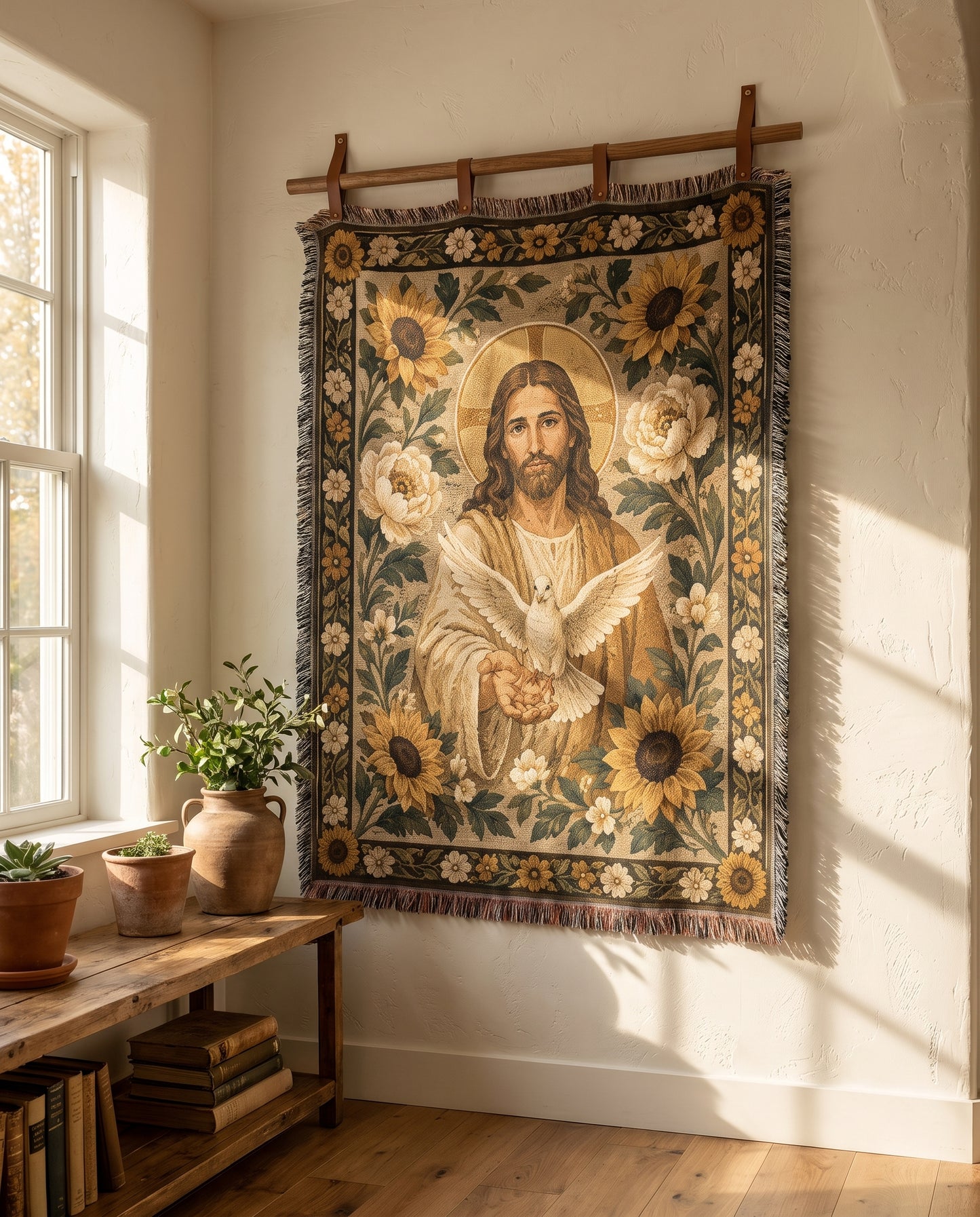 Wall tapestry styling mockup - Jesus and dove woven blanket