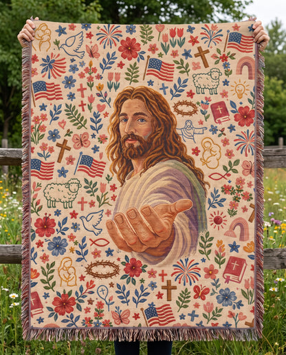 Outdoor held display - Welcoming Savior Folk Faith Woven Blanket