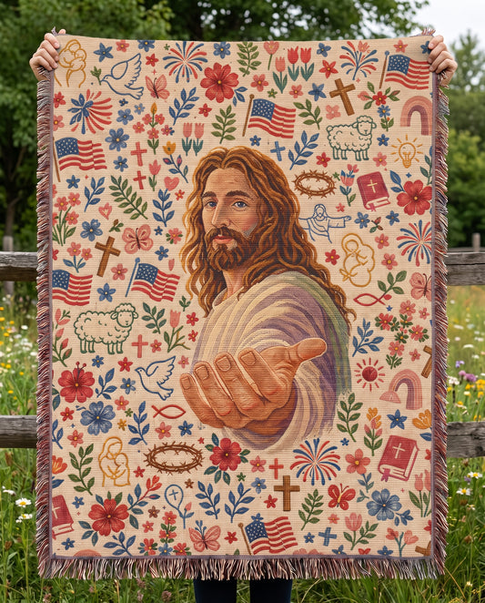 Outdoor held display - Welcoming Savior Folk Faith Woven Blanket