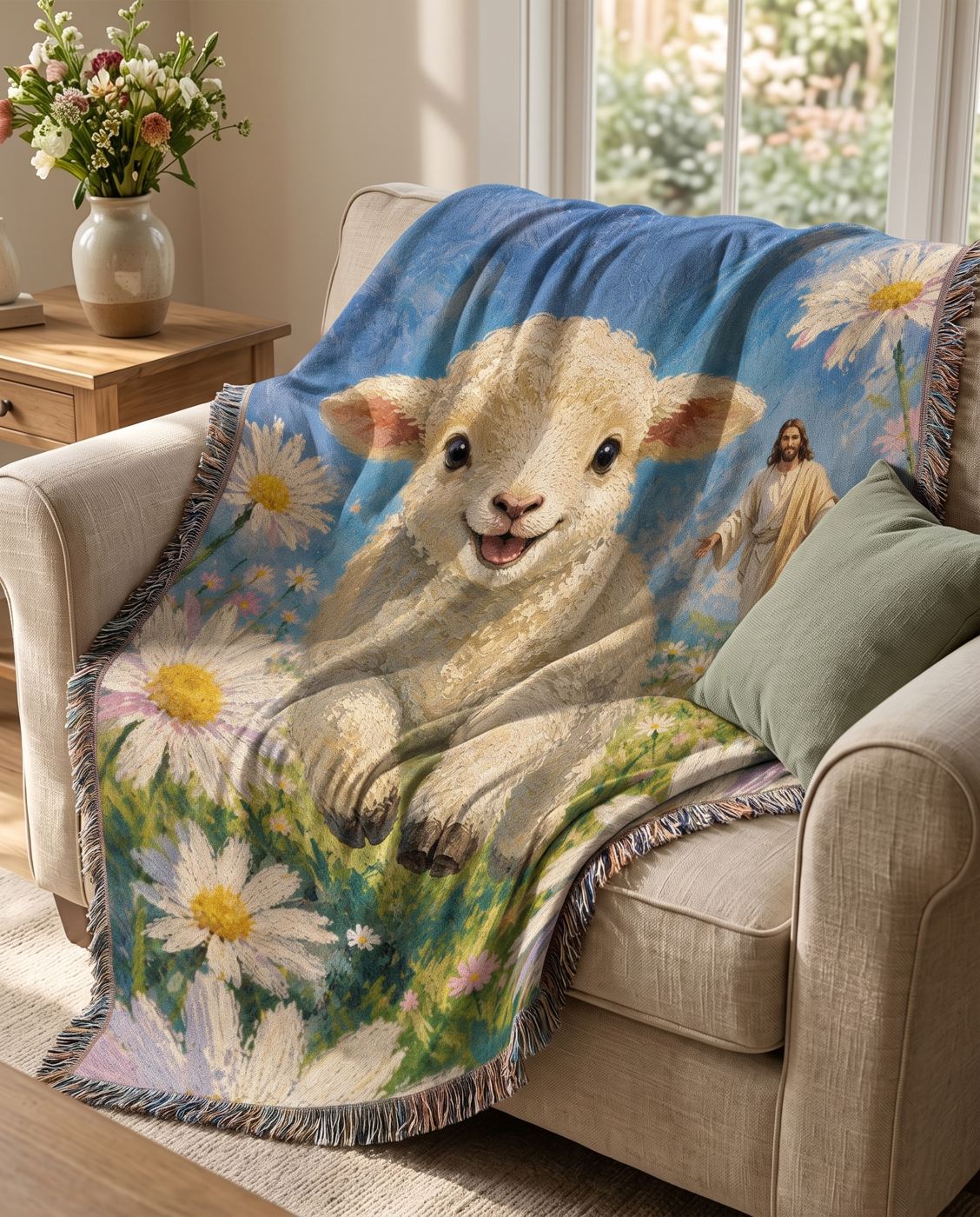 Joyful Lamb with Jesus in the Daisy Meadow Woven Blanket