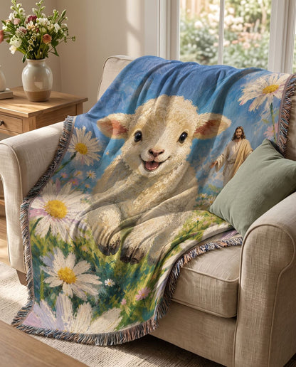 Joyful Lamb with Jesus in the Daisy Meadow Woven Blanket