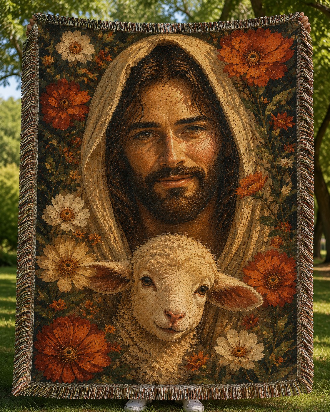 Good Shepherd Lamb and Autumn Florals Woven Blanket