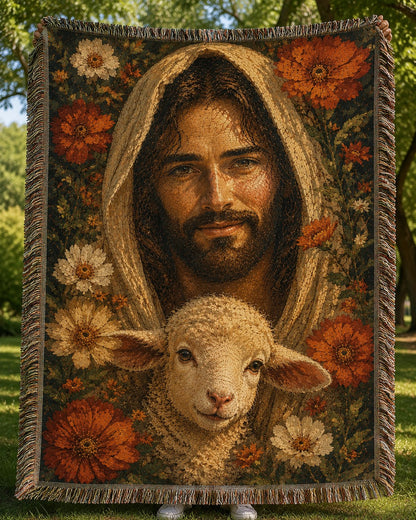 Good Shepherd Lamb and Autumn Florals Woven Blanket