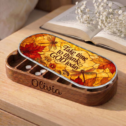 Personalized Pillcase with Take Time to Thank God Today autumn dragonfly lid beside an open book