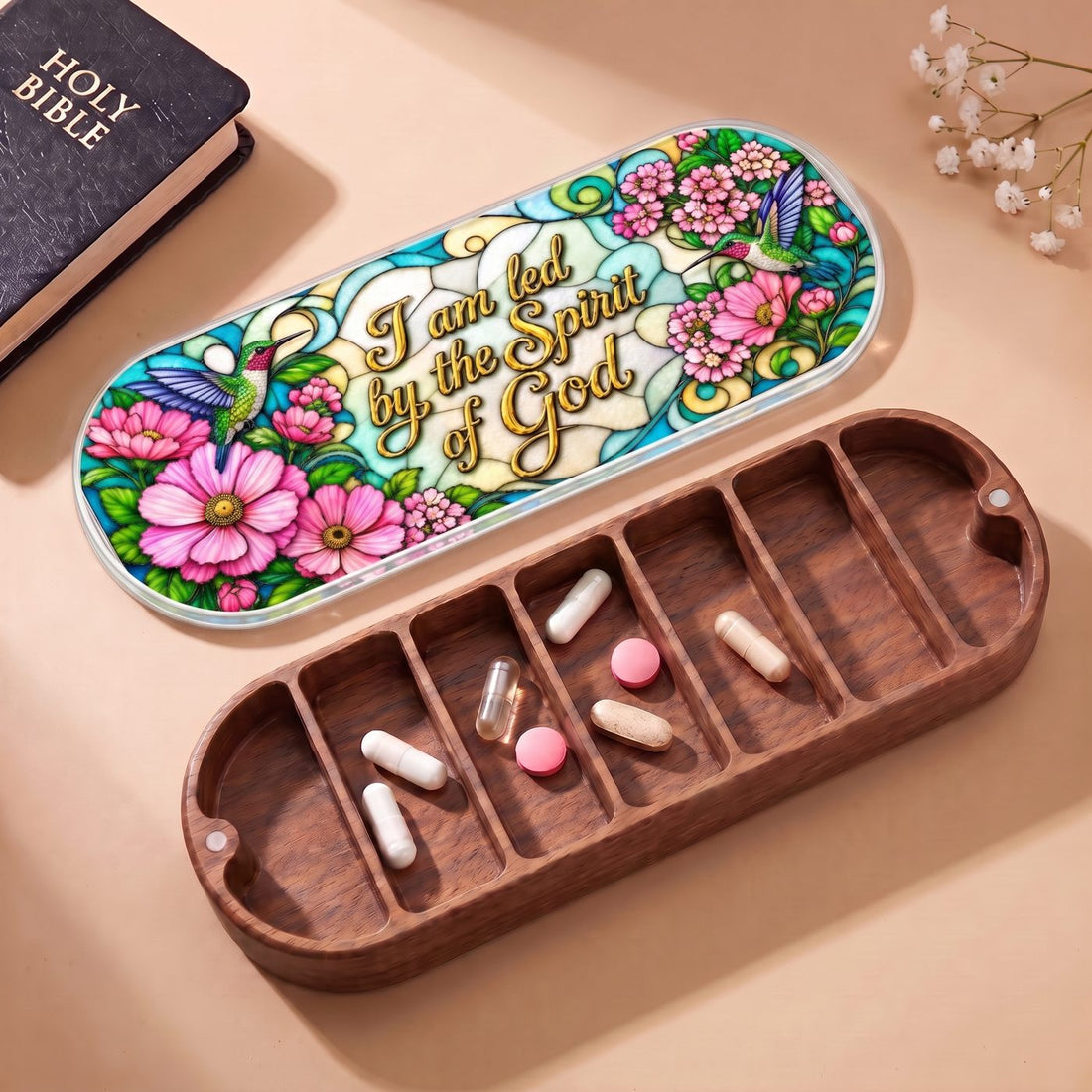 Led by the Spirit of God Hummingbird Pill Case dimensions and features