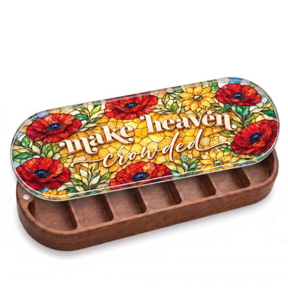 "Make Heaven Crowded — Poppy Floral Stained Glass" Pill Case — open wooden Make Heaven Crowded floral Pill Case on white studio background
