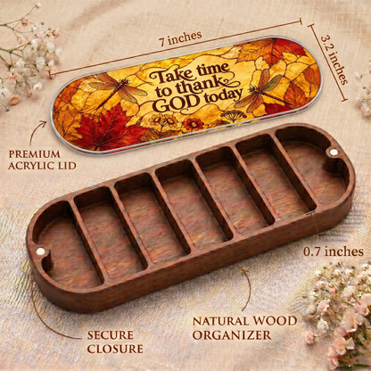 Autumn dragonfly Pillcase dimensions, acrylic lid, secure closure and natural wood organizer