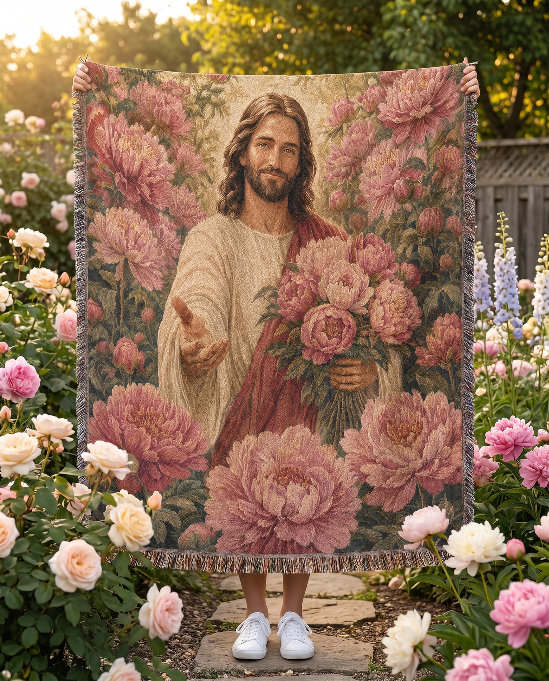 Garden held display - Jesus Bouquet of Grace Floral Woven Blanket