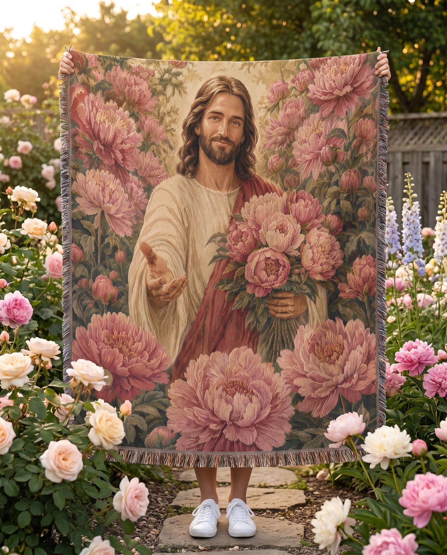 Garden held display - Jesus Bouquet of Grace Floral Woven Blanket