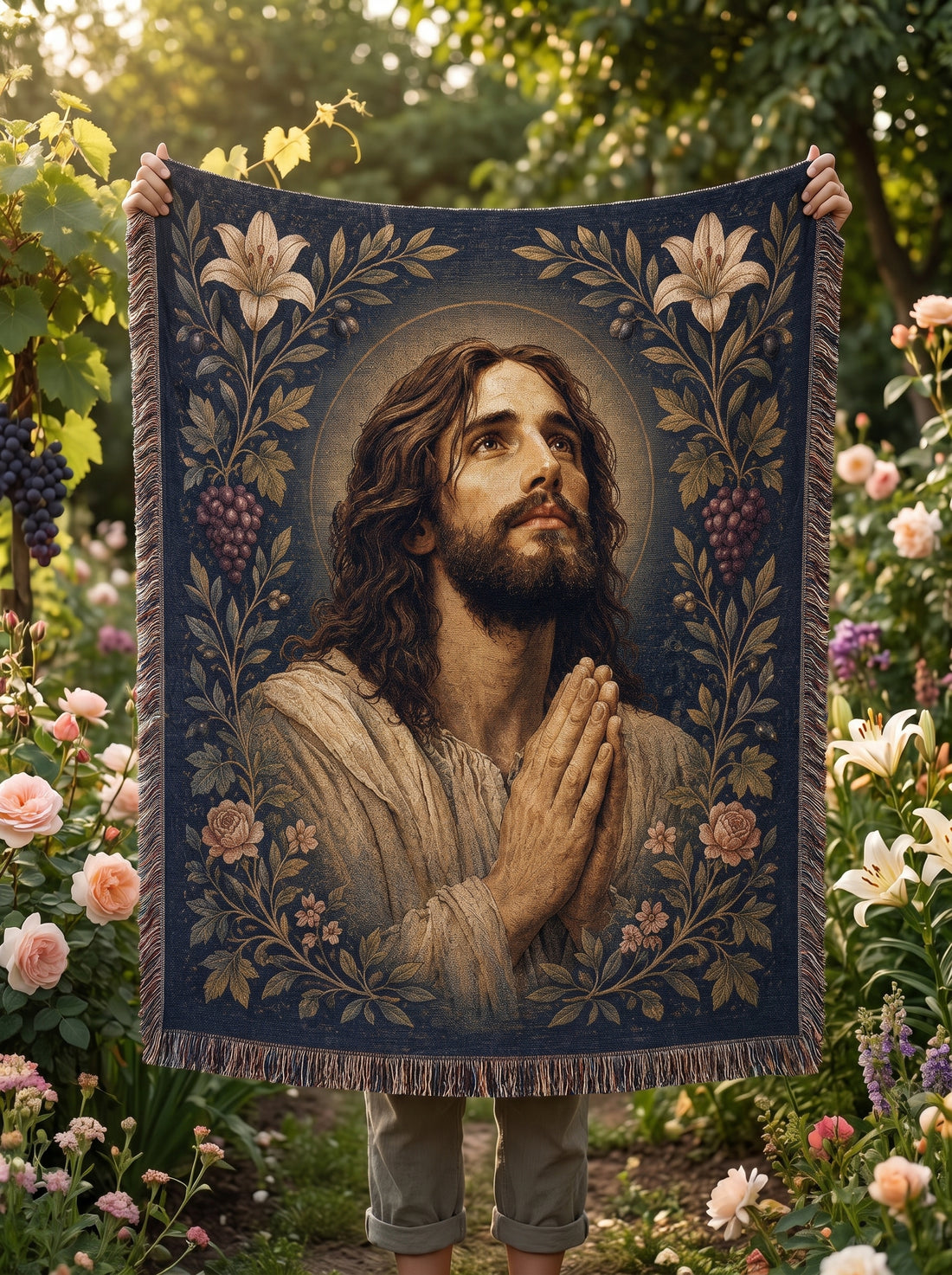 Garden held display - Praying Jesus Garden of Grace Woven Blanket