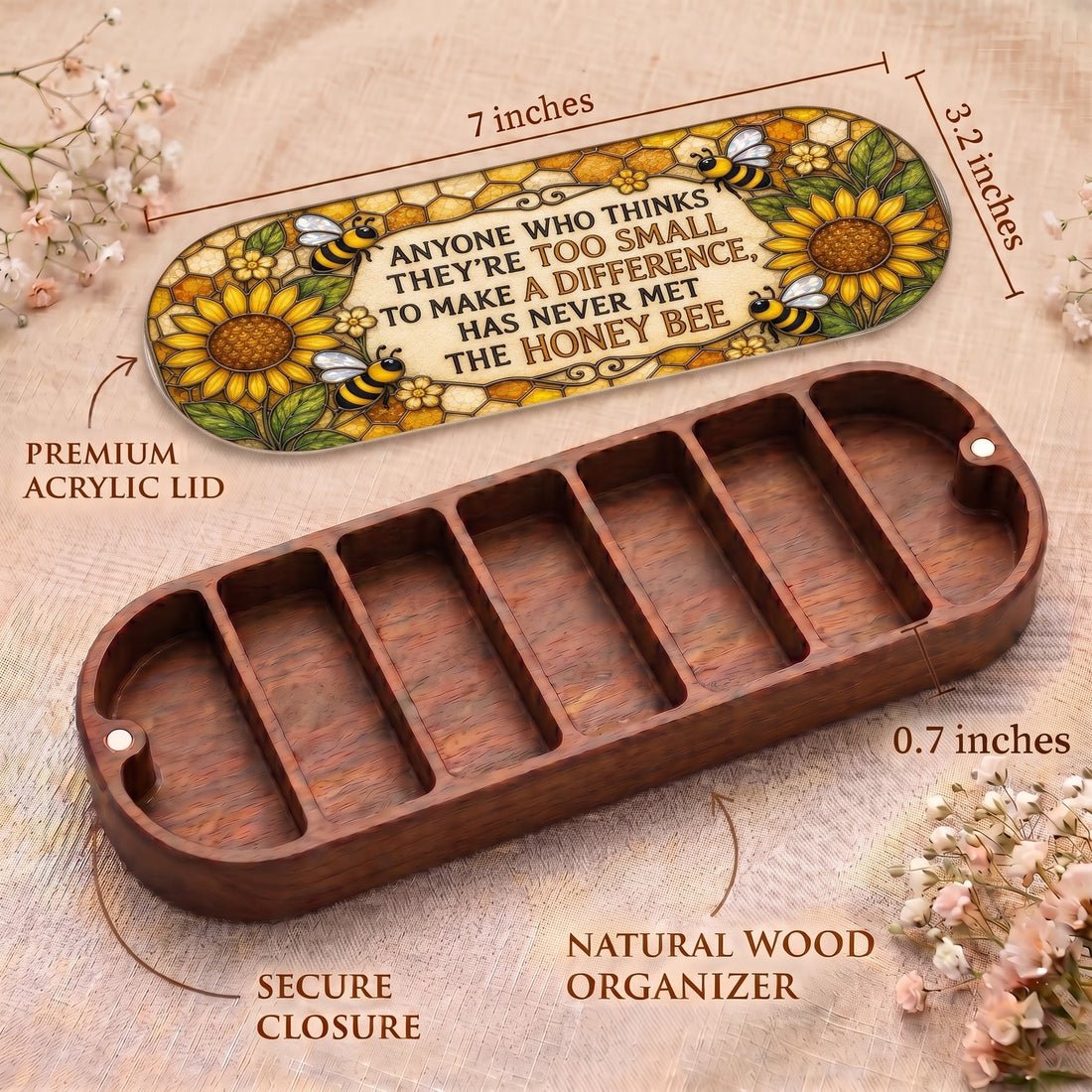 Honey bee sunflower Pillcase dimensions, acrylic lid, secure closure and wooden organizer