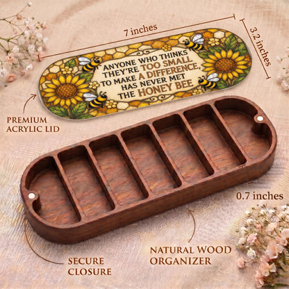 Honey bee sunflower Pillcase dimensions, acrylic lid, secure closure and wooden organizer