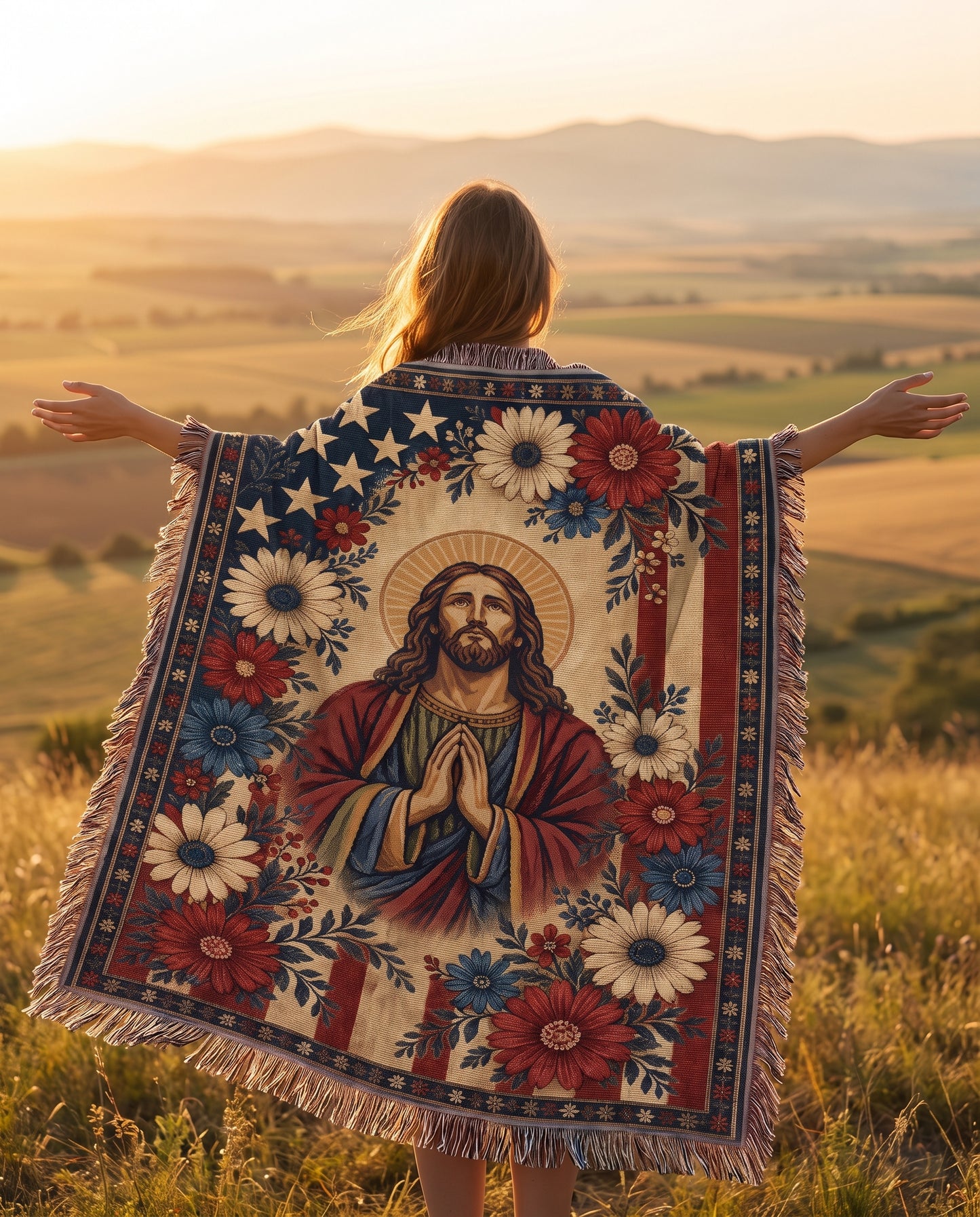 Golden countryside lifestyle - Faith and Freedom Praying Jesus Floral Woven Blanket