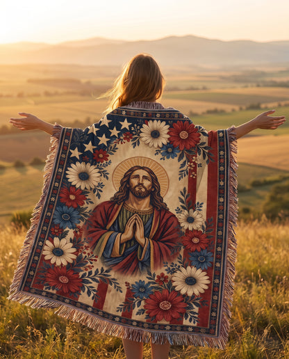 Golden countryside lifestyle - Faith and Freedom Praying Jesus Floral Woven Blanket
