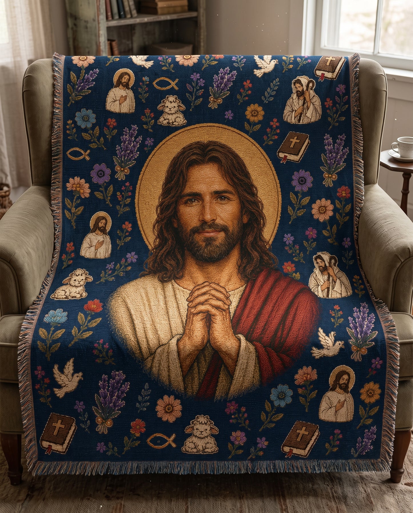 Praying Jesus - Good Shepherd Garden Woven Blanket