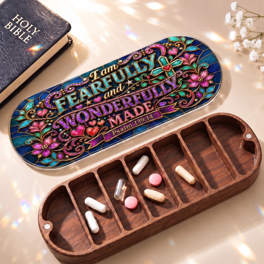 I Am Fearfully and Wonderfully Made stained-glass Pillcase with Holy Bible, daily tablets and open wooden compartments
