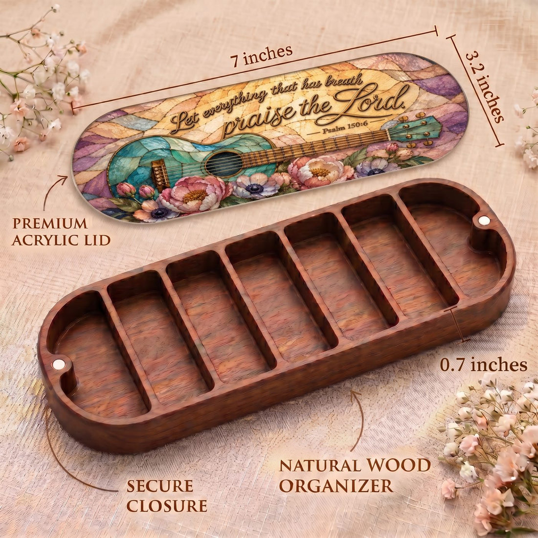 "Let Everything That Has Breath Praise the Lord — Psalm 150:6" Pill Case — Pill Case dimensions, acrylic guitar lid, natural wood organizer, and secure closure