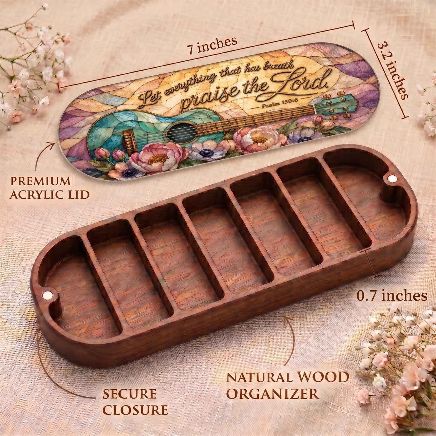 "Let Everything That Has Breath Praise the Lord — Psalm 150:6" Pill Case — Pill Case dimensions, acrylic guitar lid, natural wood organizer, and secure closure