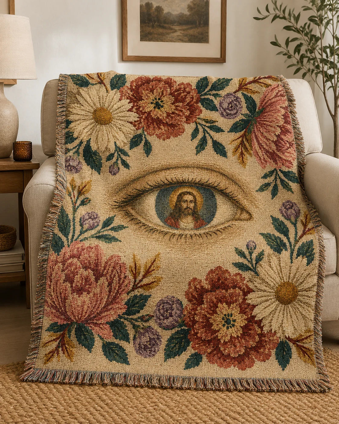 Sacred Eye of Christ Floral Woven Blanket mockup 6