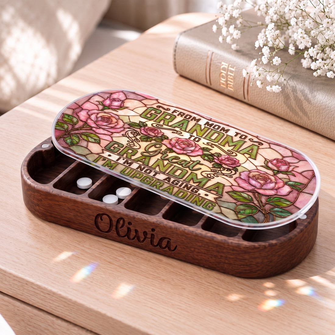 Personalized Olivia Pillcase with From Mom to Grandma to Great Grandma rose-garden artwork beside a Holy Bible