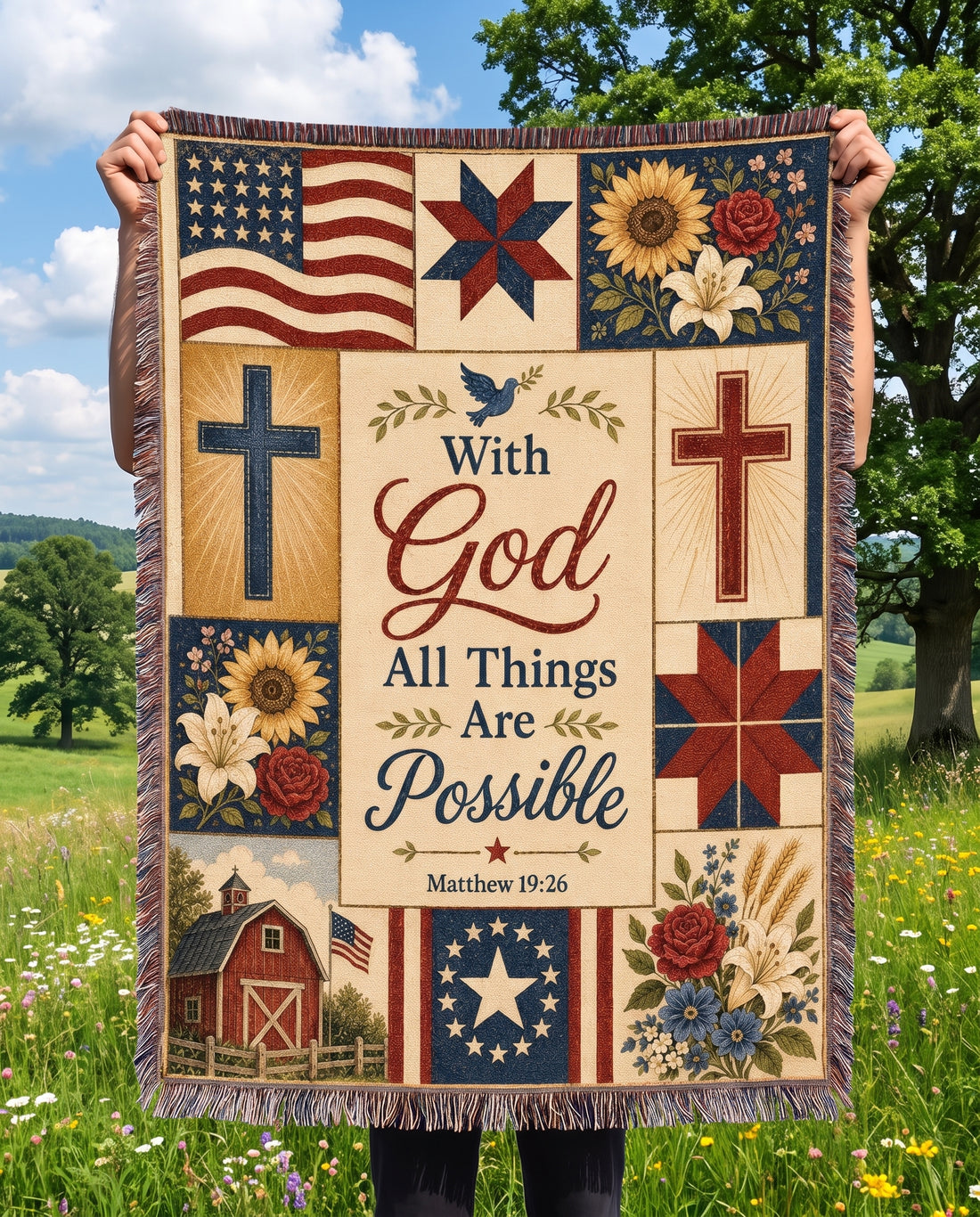 With God All Things Are Possible - Matthew 19:26 Americana Woven Blanket - blanket held in countryside meadow