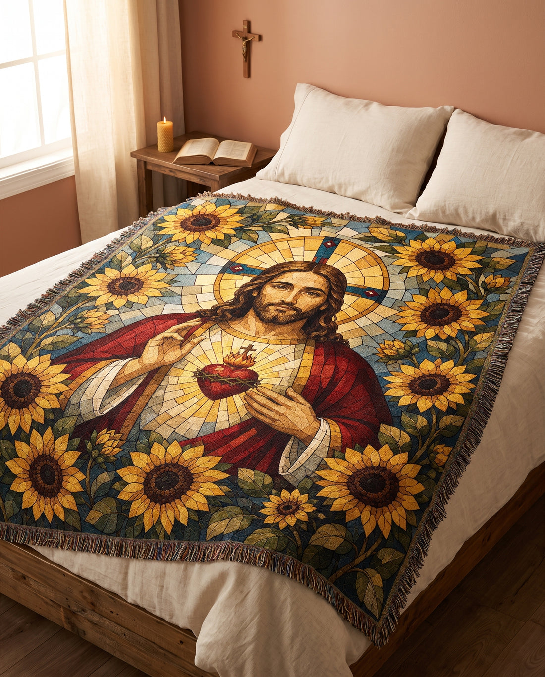 Sacred Heart of Jesus - Sunflower Mosaic Woven Blanket