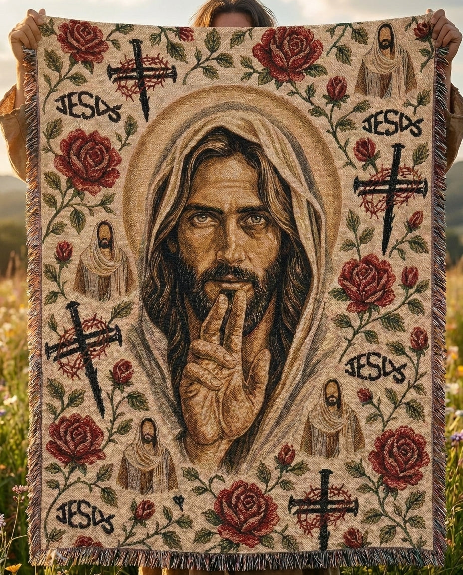 Silent Savior Roses and Crosses Woven Blanket gallery image 1