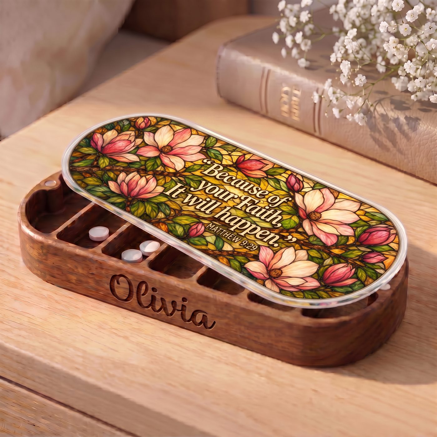 "Because of Your Faith, It Will Happen — Matthew 9:29" Pill Case — personalized open Pill Case on a wooden table