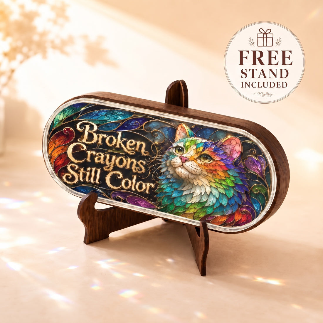 Broken Crayons Still Color rainbow cat Pillcase displayed on the included wooden stand