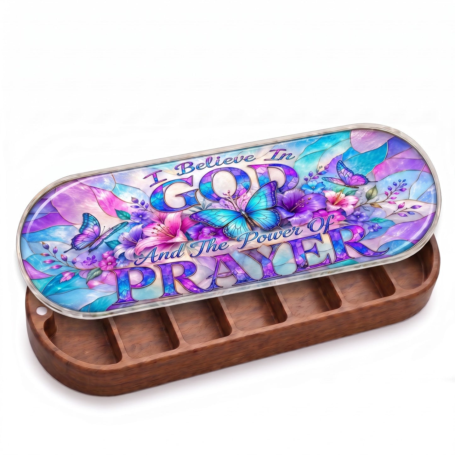 Open wooden Pillcase with floral butterflies and Power of Prayer lid on white