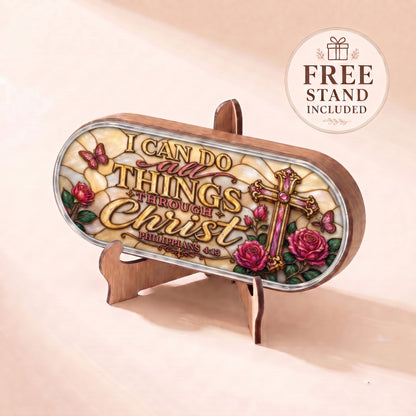 I Can Do All Things Through Christ Pillcase with ornate cross and pink roses displayed on included wooden stand