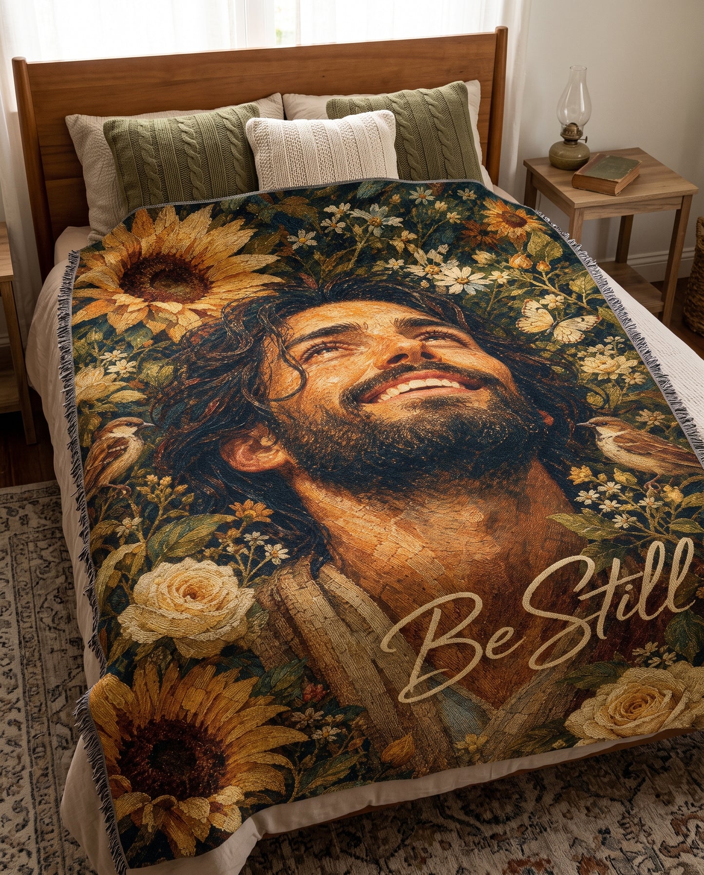 Be Still Sunflower Jesus Woven Blanket gallery image 3