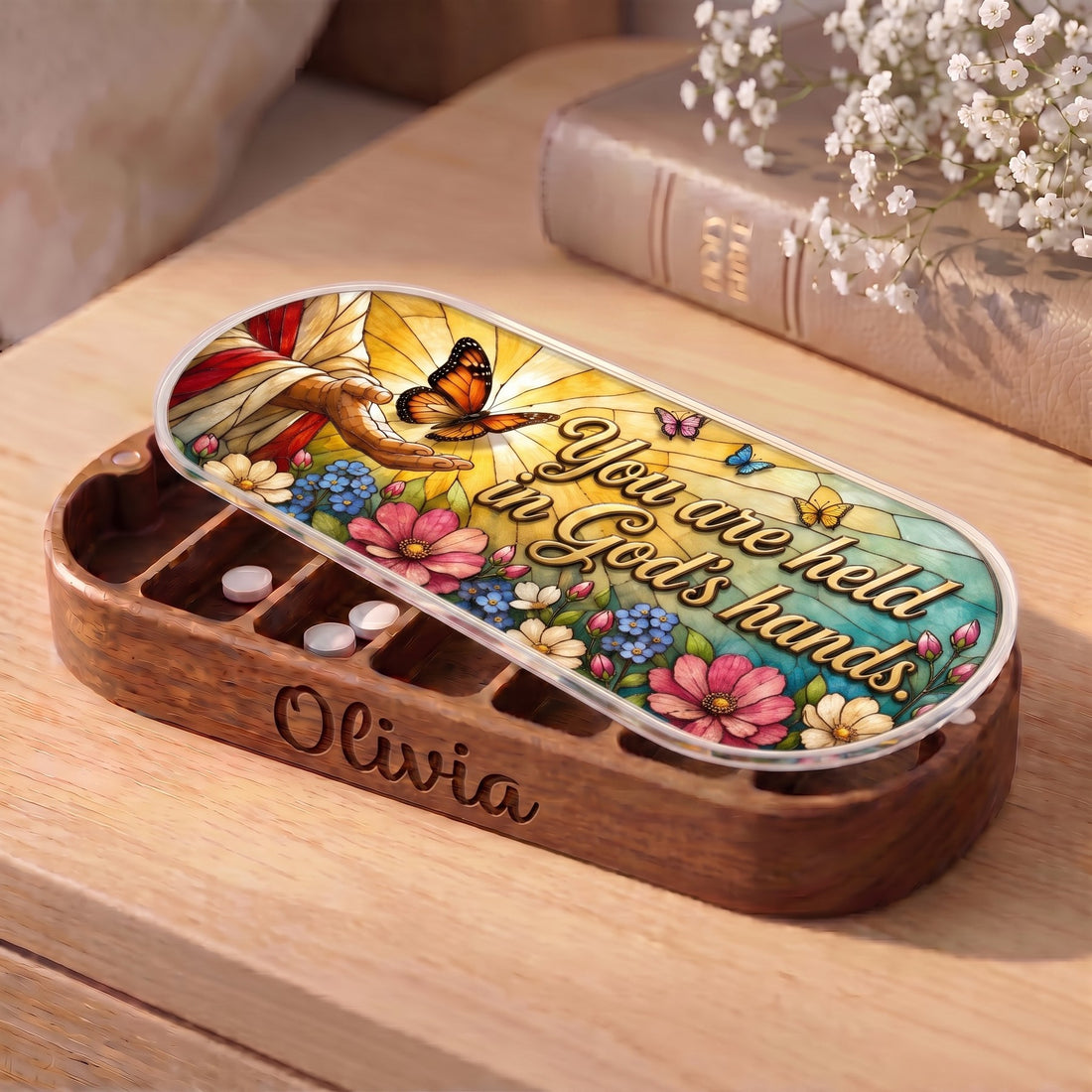 Personalized Olivia Pillcase with God’s hands, monarch butterfly and floral lid