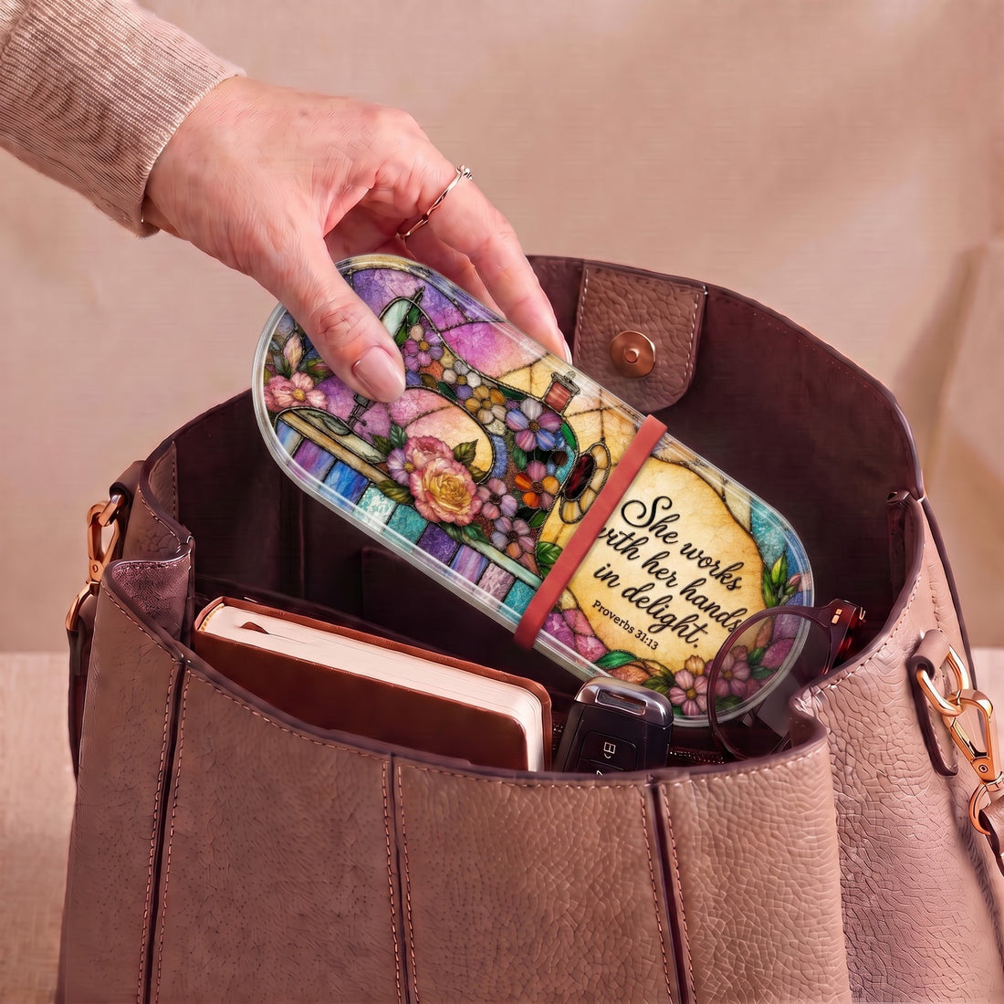 Proverbs 31:13 sewing floral Pillcase carried inside a handbag with everyday essentials
