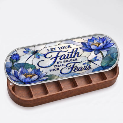 "Let Your Faith Be Bigger Than Your Fears — Blue Lotus & Dragonfly Stained Glass" Pill Case lifestyle open view