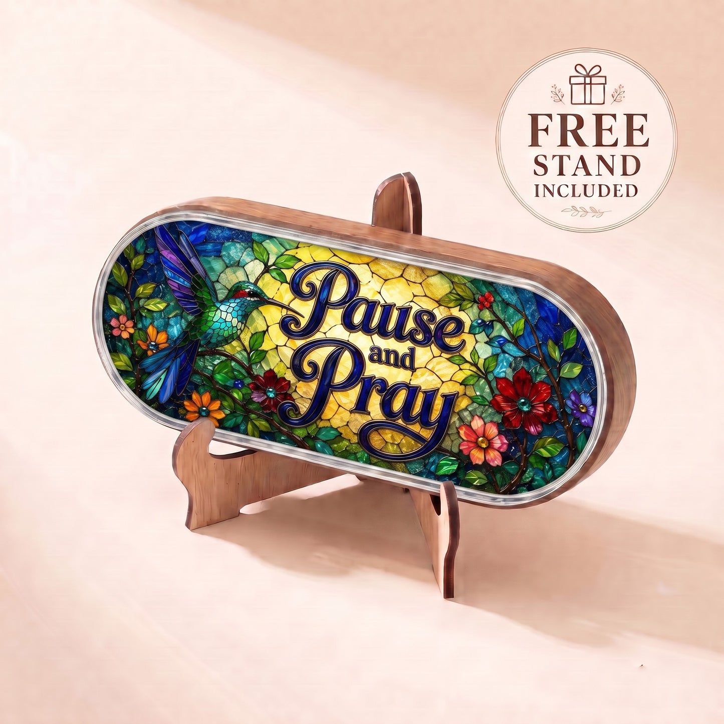 Pause and Pray Pillcase with colorful hummingbird garden artwork displayed on included wooden stand