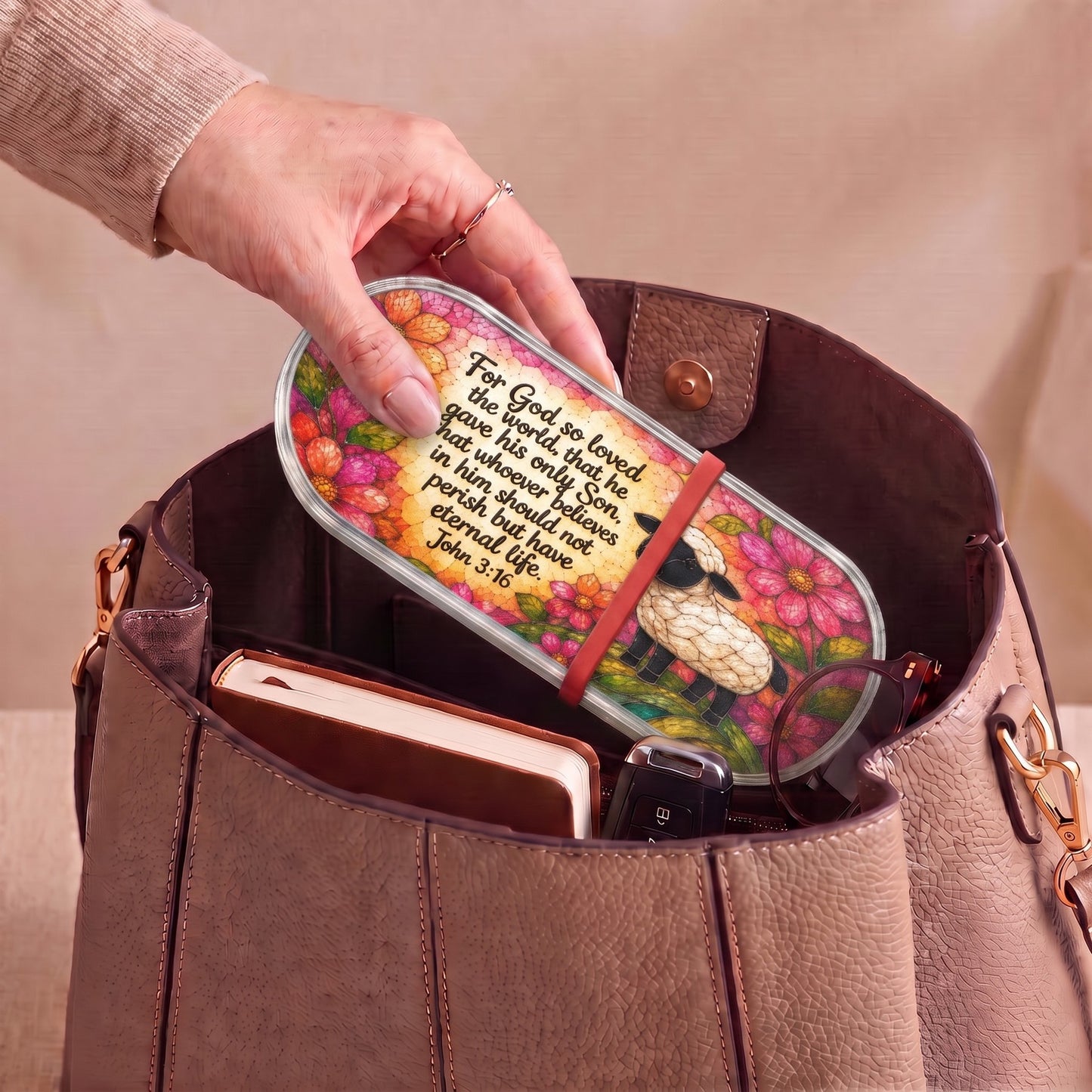John 3:16 floral sheep Pillcase carried inside a handbag with everyday essentials