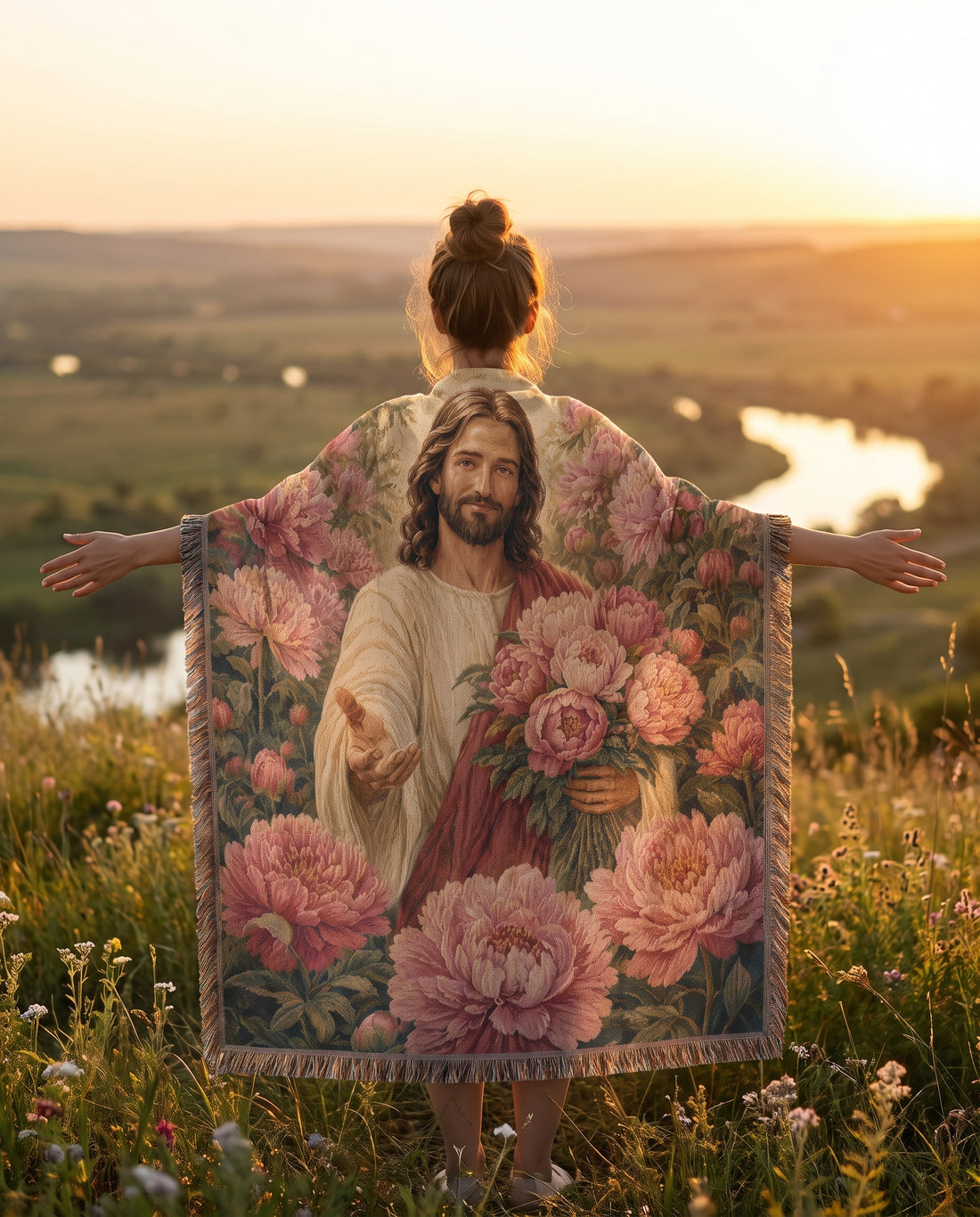 Sunset meadow lifestyle - Jesus Bouquet of Grace Floral Woven Blanket